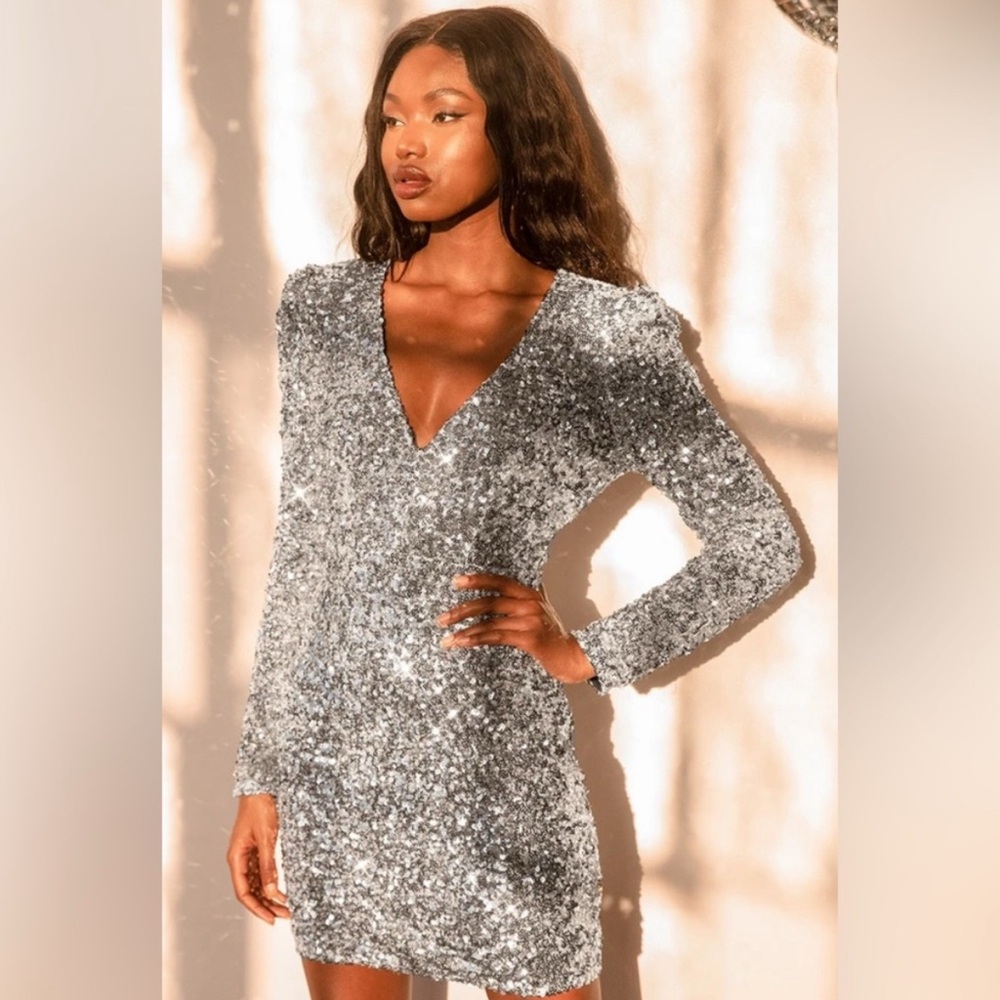 Lulus Brand New You Silver Sequin Bodycon Mini Dress, Size XS